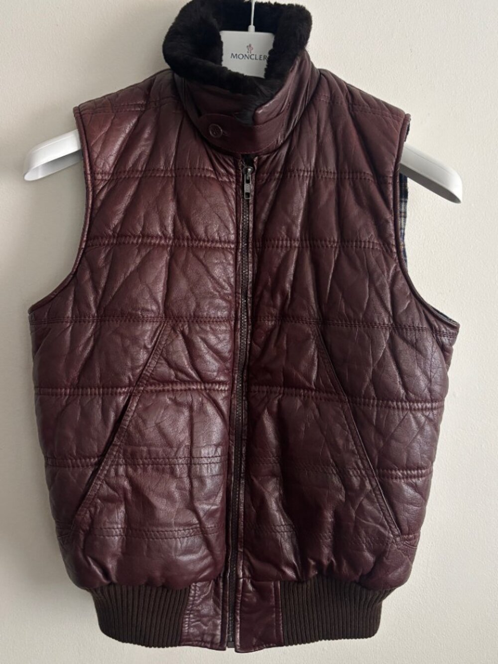 Comstock Brown Quilted Leather Vest/ Shearling Collar - 38 Small/Medium - Picture 10 of 13